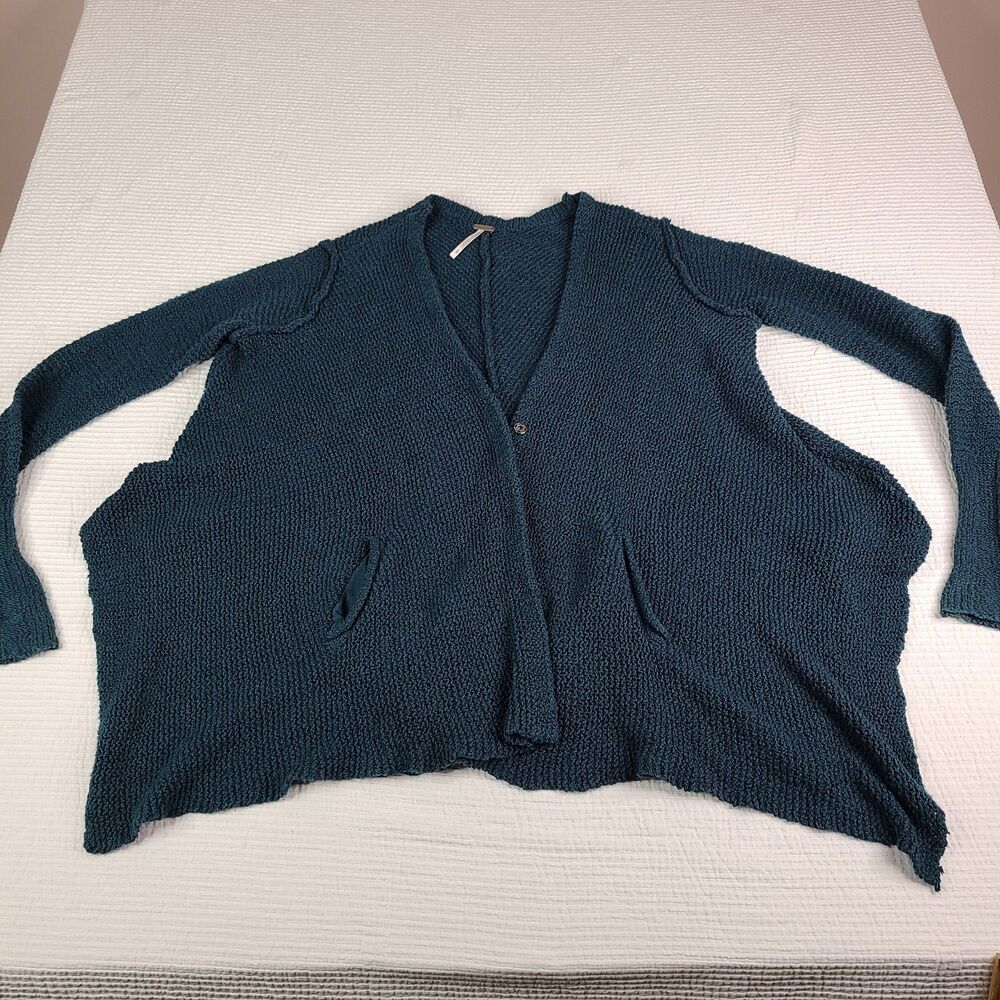 Free People M Knit Cardigan Teal Very Long Sleeves Snap Closure Asymmetrical Hem